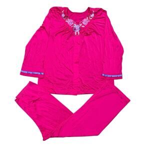 VTG Shadowline Size 38 Hot Pink Embroidered Pajama Pants Set Nylon Long Made USA